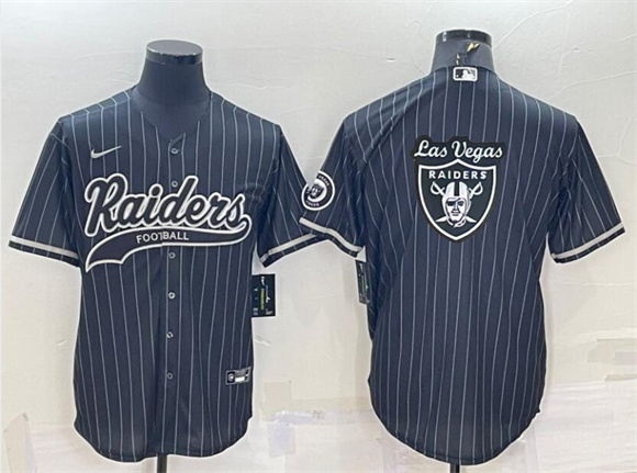 Men's Las Vegas Raiders Black Team Big Logo With Patch Cool Base Stitched Baseball Jersey - Click Image to Close